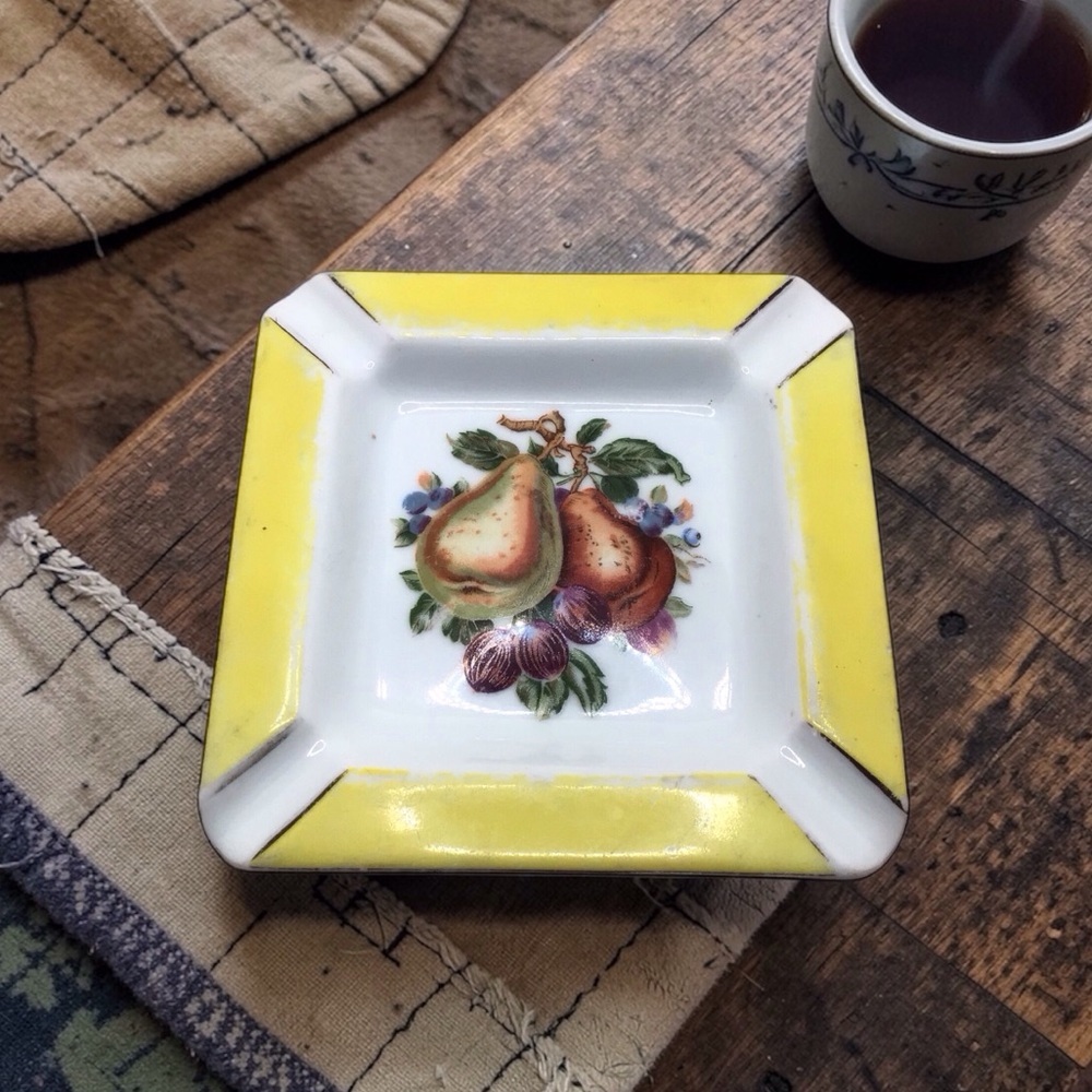 Vintage Japan Cherry China Porcelain Ashtray Fruit Pear Yellow Trim 5” Retro MCM